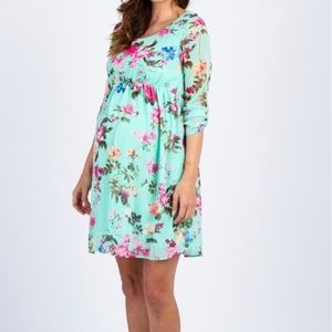 Petite Mint Floral Chiffon Maternity Dress